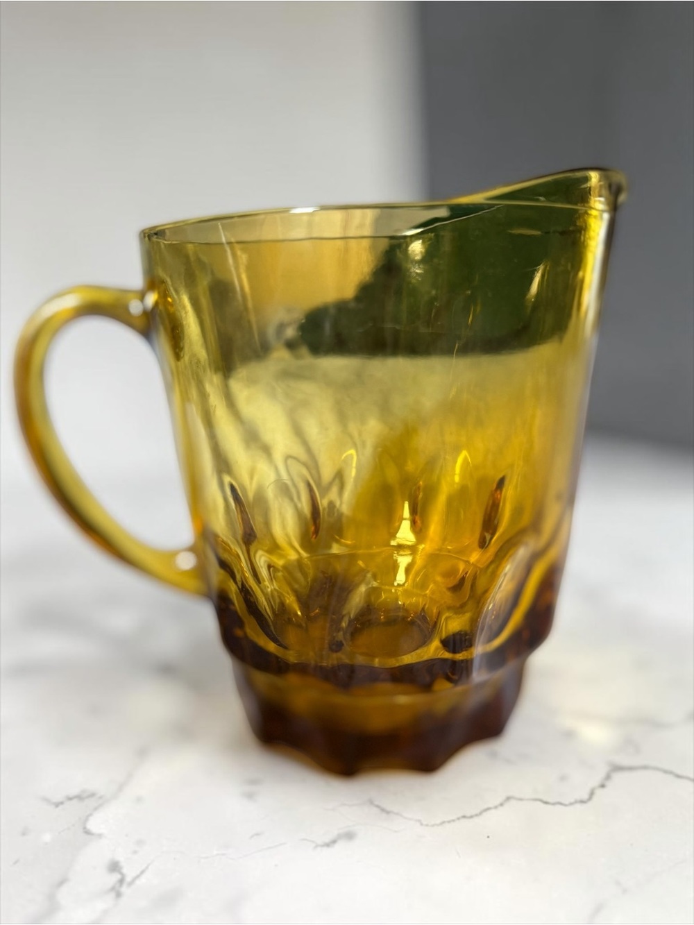 Vintage Amber Glass Pitcher Thumbprint Pattern MCM Glassware Honey Amber